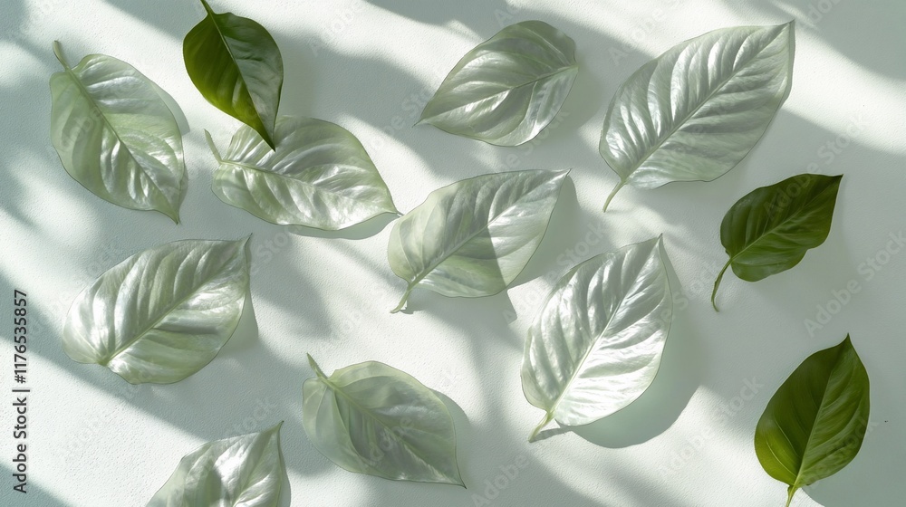 Poster a collection of green and translucent leaves arranged on a light surface with shadows.