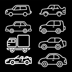 Transporttation vehicles automobile traffic of trasport car van truck White siluete side view pictograms icons outline set colletions vector flat design black background