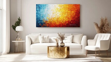 a living room with a couch and a painting on the wall