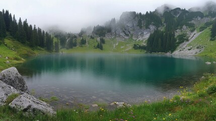 The Bavarian Alps' misty ridges are mirrored in a pristine alpine lake, surrounded by lush forest and scattered wildflowers.
