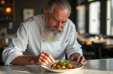 Portrait of an old Head chef aged 50-60 with a thick, graying beard, carefully curating a beautiful dish in a modern restaurant setting bathed in natural daylight

