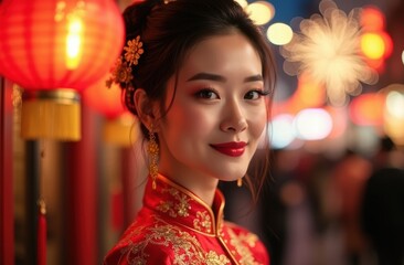 portrait of a beautiful Chinese woman dressed in traditional Chinese New Year attire. She wears a stunning red qipao embellished with intricate gold embroidery depicting delicate floral pattern