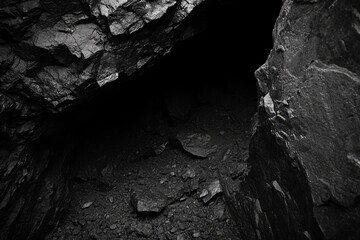 Dark cave entrance with rough, shadowed rocks.