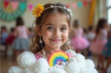 portrait of a girl dressed as a whimsical floating cloud for a fancy-dress competition.