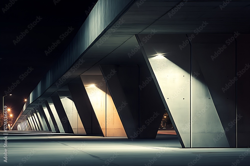 Poster Modern Concrete Bridge Architecture Illuminated at Night with Sleek Geometric Design : Generative AI