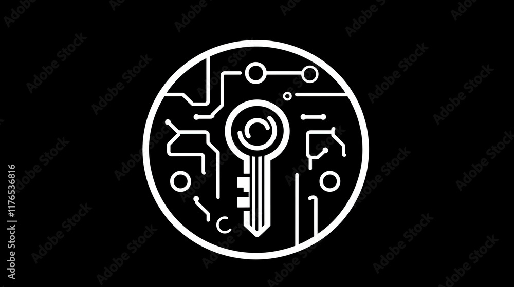 Poster cyber security icon key inside of microcircuit circle. vector emblem internet safety theme, informat