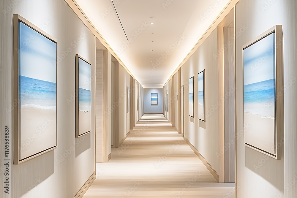 Poster Contemporary Hotel Corridor with Beach-themed Artwork Creating a Relaxing Coastal Atmosphere : Generative AI