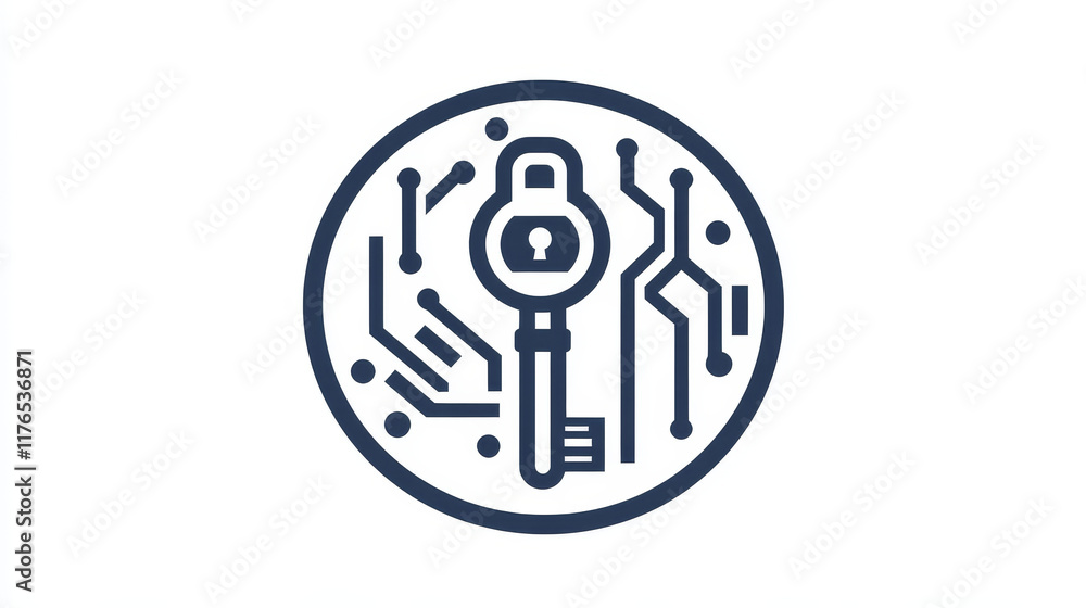 Poster cyber security icon key inside of microcircuit circle. vector emblem internet safety theme, informat