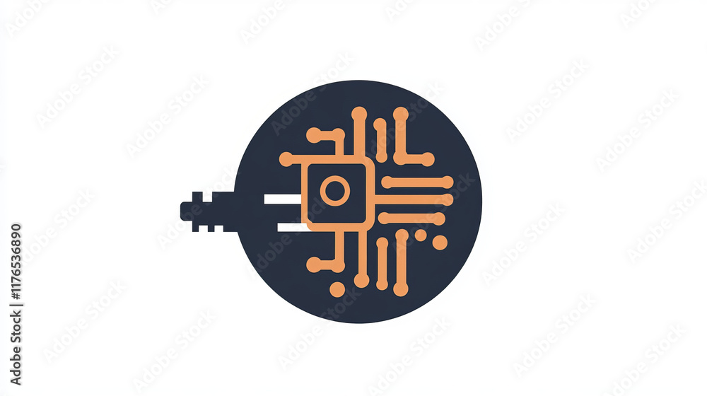 Poster cyber security icon key inside of microcircuit circle. vector emblem internet safety theme, informat