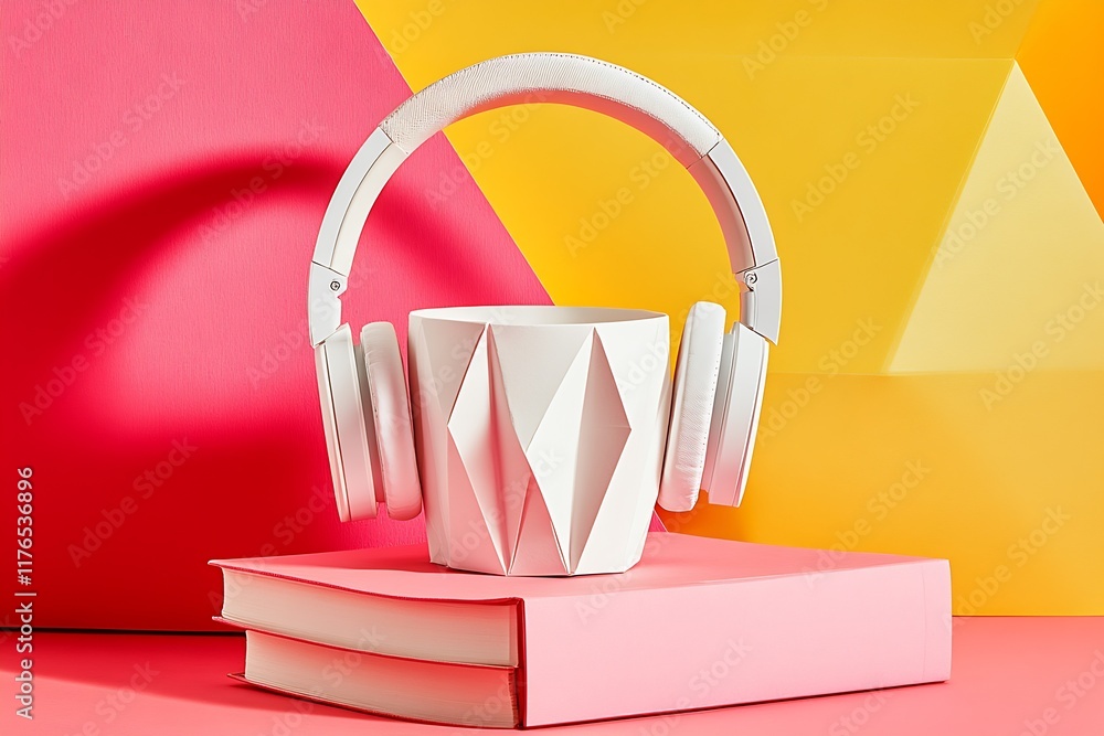 Poster abstract modern design with headphones on books against vibrant geometric background : generative ai