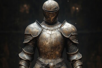 Ancient, weathered knight's armor stands.