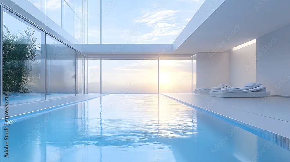 Poster luxurious indoor pool overlooking serene sunset in modern architecture : generative ai