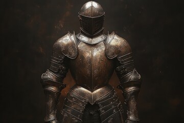 Ornate medieval knight's armor, dark background.
