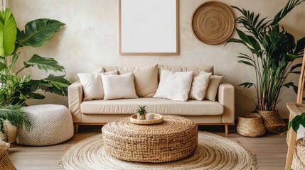 a living room with a couch, coffee table, and potted plants