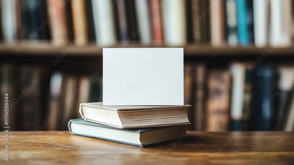 Poster a stack of books with a blank card on top
