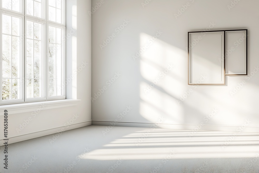 Poster Bright and serene minimalistic interior with soft natural light through large windows : Generative AI
