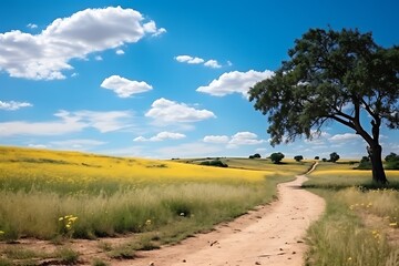 Obraz premium Scenic landscape with a winding path through fields and trees.