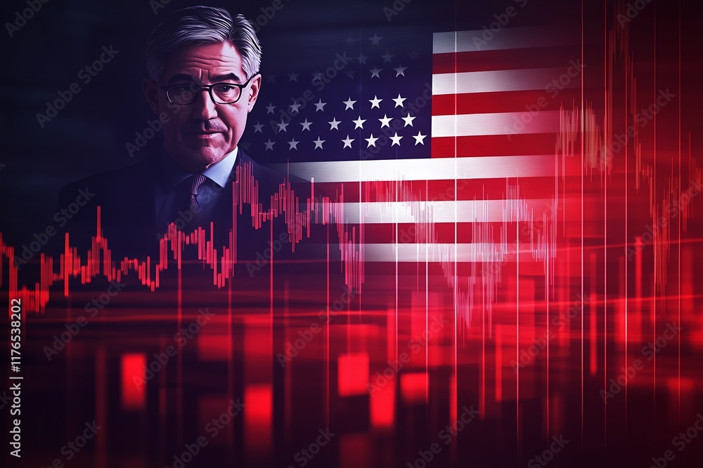 Poster businessman with american flag and economic data graph overlaid in red tones : generative ai