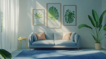a living room with a couch and a plant