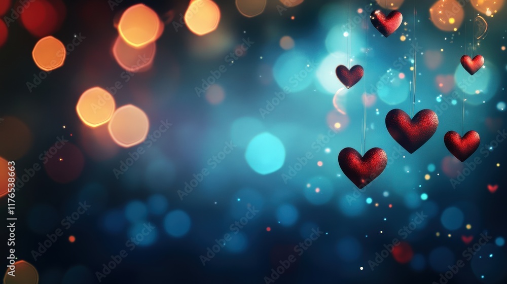 Poster abstract hearts in dark bokeh background with colorful lights and floating elements for romantic the