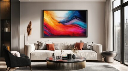 a living room with a couch and a painting