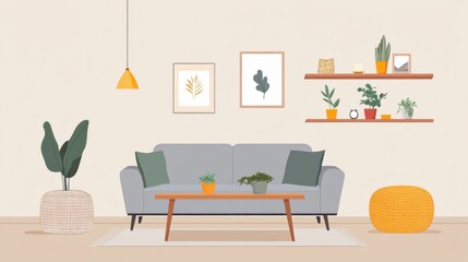 Fototapeta premium a living room with a couch, table, and potted plants
