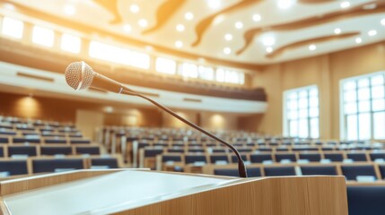 Microphone on Podium in a Bright Conference Hall