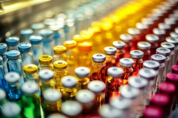 Colorful vials, laboratory, medical research.