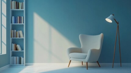 a chair in a room with a book shelf