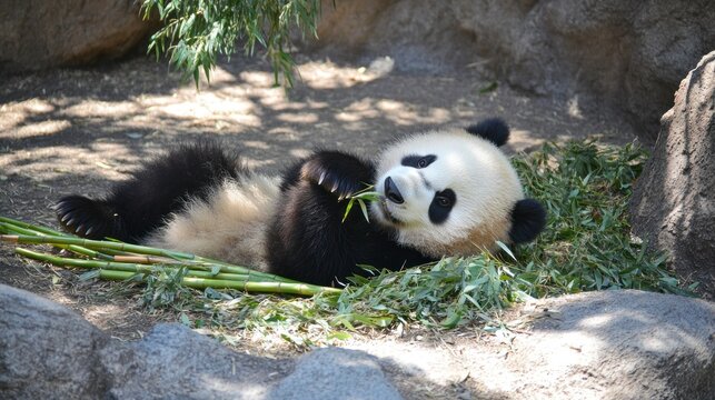 A playful panda lying on the ground, enjoying bamboo in a natural habitat.
