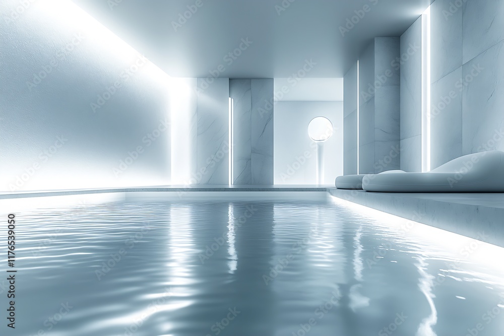 Poster modern serene indoor pool with minimalist design and soft lighting : generative ai