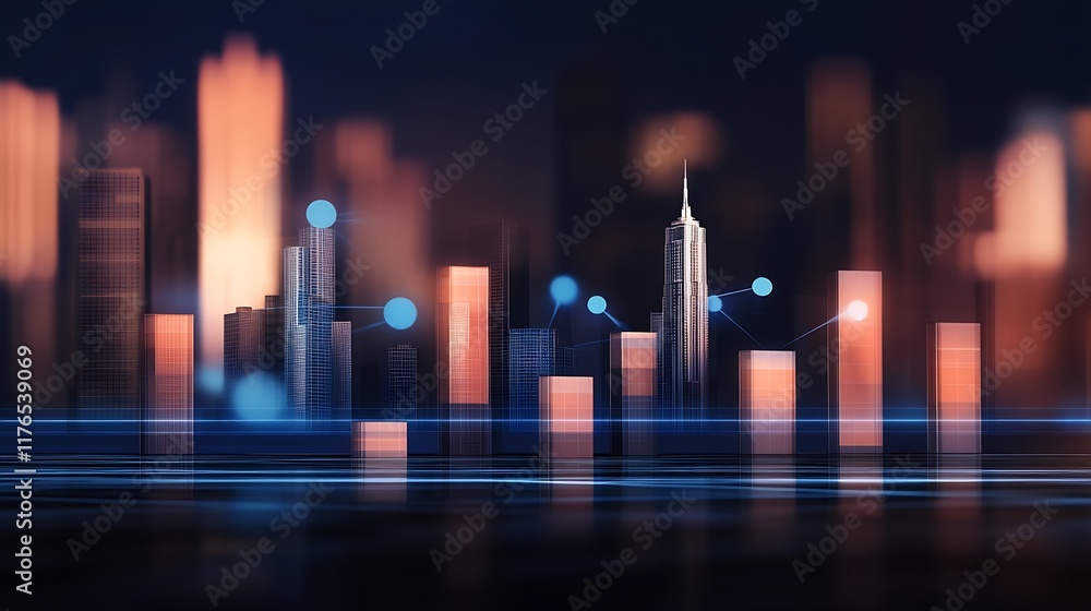 Poster City Skyline with Graphs and Data Points for Business Technology Background : Generative AI