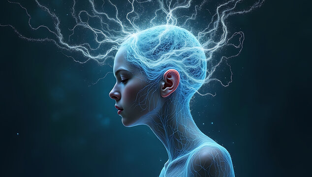 An abstract visualization of overthinking, with a tangled web of glowing lines surrounding a person&rsquo;s head, symbolizing complex thoughts, uncertainty, and inner turmoil.

