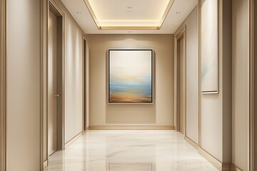Elegant Hotel Corridor with Abstract Painting and Soft Ambient Lighting in a Luxurious Setting : Generative AI