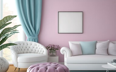 Modern pink living room interior with blank frame mockup, white sofa, armchair, curtains, and plants by the window.
