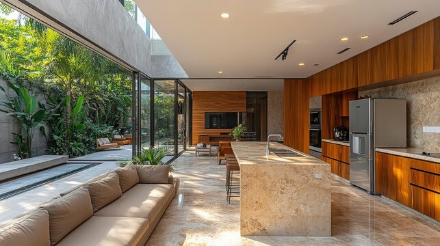 Luxurious Modern Home Interior with Indoor Garden and Open Plan Kitchen