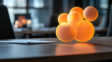 A cluster of glowing orange spheres is displayed on a wooden table, creating a warm and inviting atmosphere in a modern interior setting.