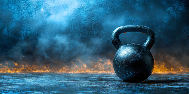 Closeup Kettlebell with burning smoke background