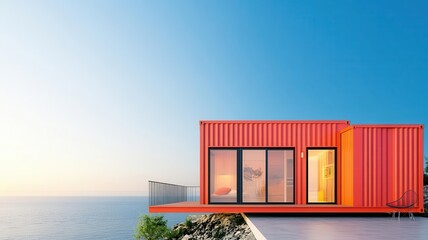 A container house by the sea, beautifully designed with a blend of modern and rustic elements