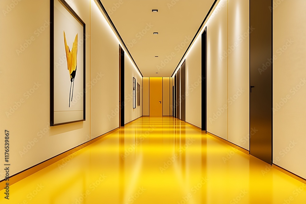 Poster modern minimalistic corridor design with bright yellow floor and artistic decor : generative ai