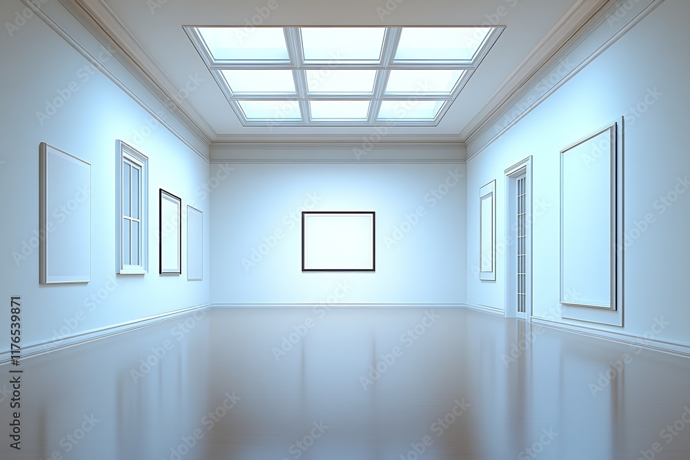 Aufkleber minimalistic art gallery with blank frames and natural light : generative ai