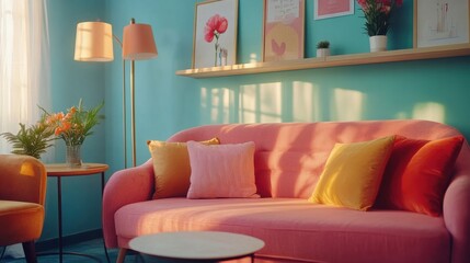 a living room with a pink couch and a table