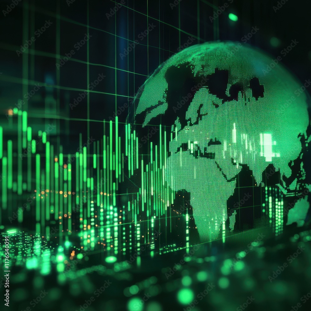 Poster global stock market data visualization: a futuristic green earth representation with dynamic financi