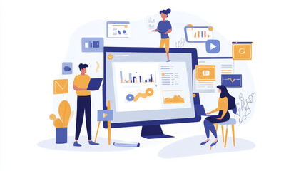 Data stream technology flat banner for big data management and cloud computing concept. User with laptop, mobile phone and desktop computer doing data analysis for internet technologies poster design