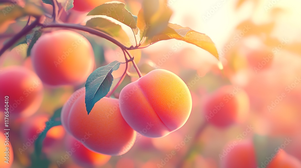 Aufkleber sunlit ripe peaches hanging on tree branch with warm golden glow in orchard : generative ai