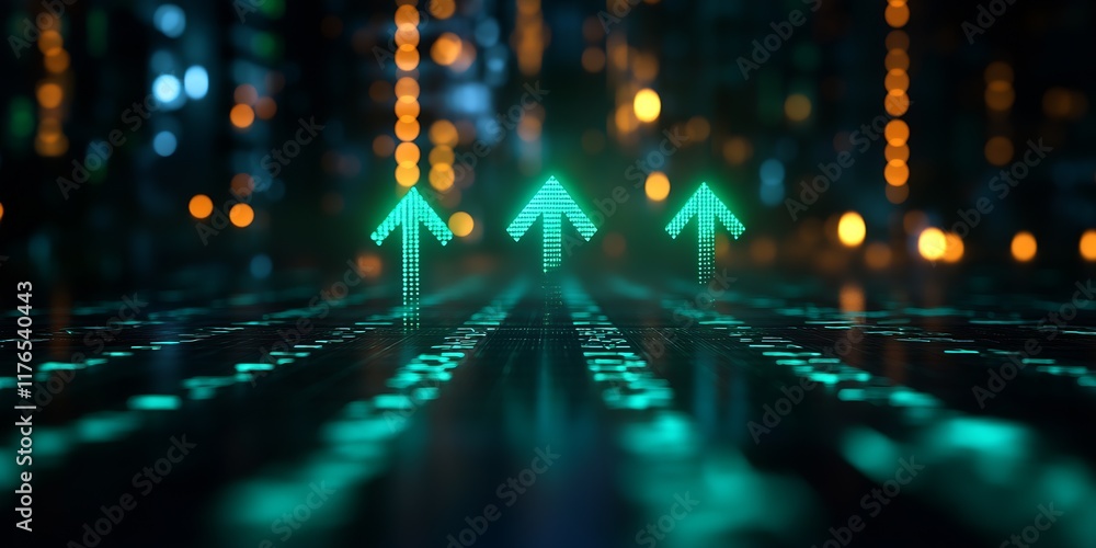 Aufkleber Digital Arrows in Neon Green with Blurred Background Signifying Growth and Progress in Technology : Generative AI