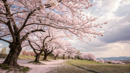 Fototapeta premium 桜吹雪、風に舞う桜の花の花吹雪