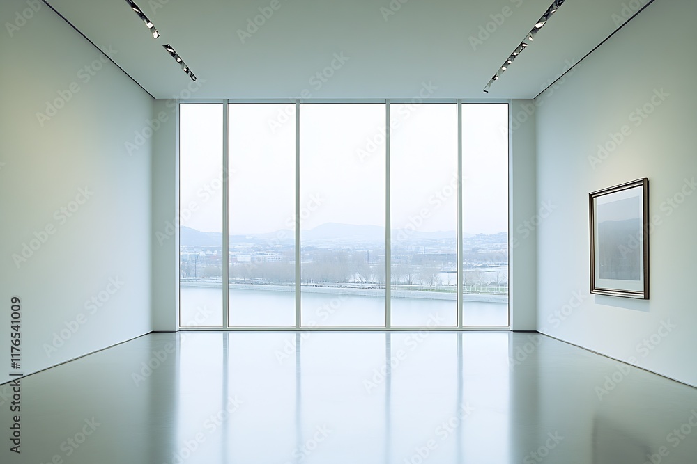 Poster Minimalist Art Gallery with Large Windows and Scenic Landscape View : Generative AI