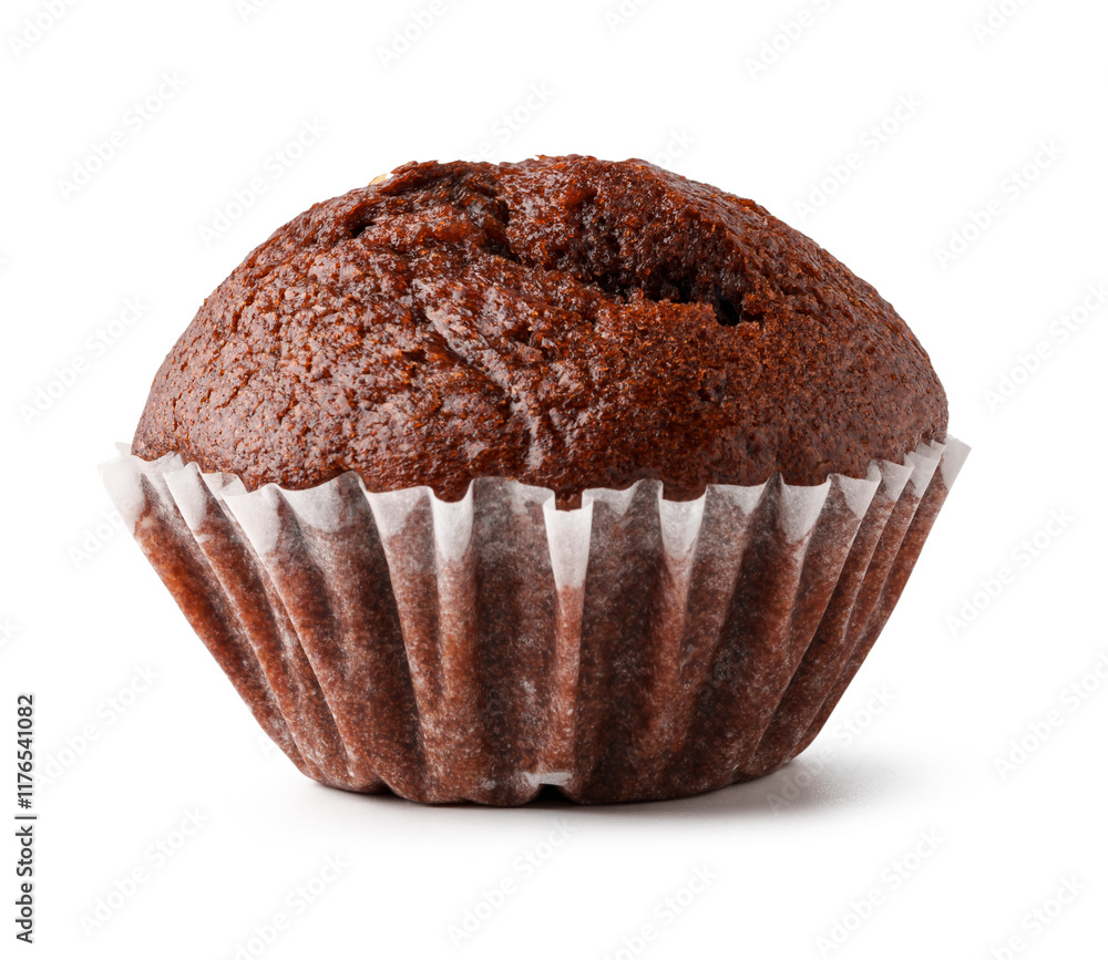 Poster chocolate cupcake with a moist texture in a paper wrapper on a clean background