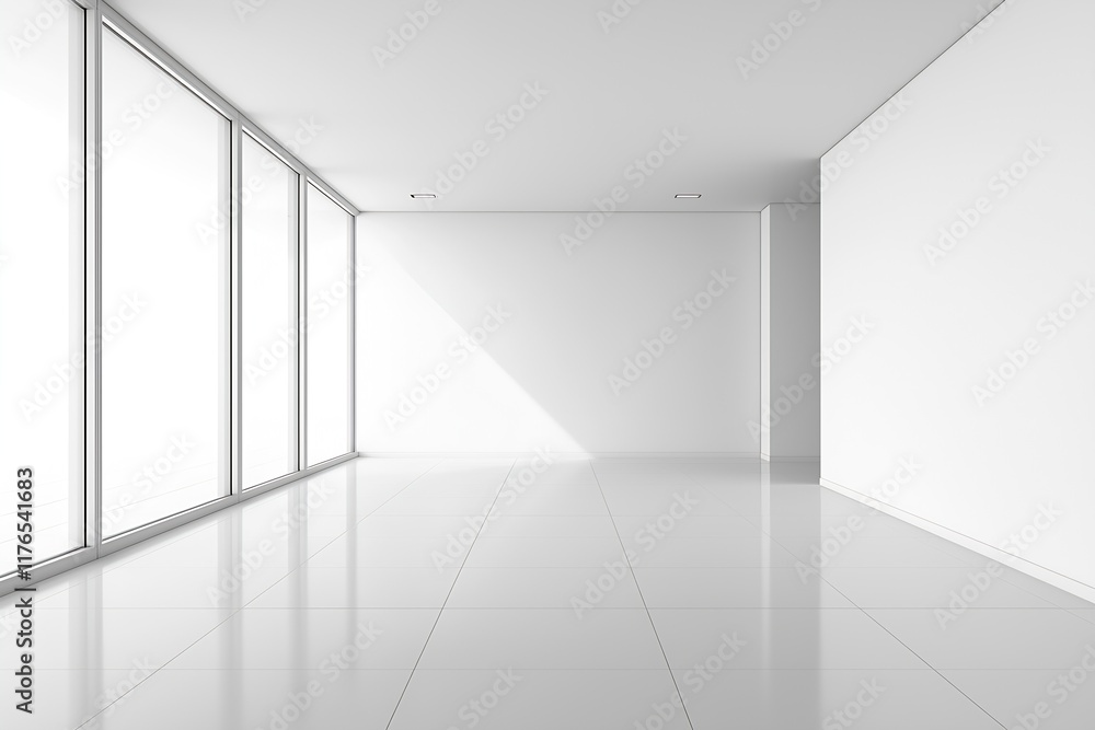 Poster Minimalist White Indoor Space with Large Windows and Natural Light : Generative AI
